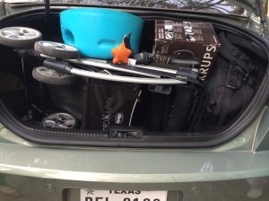 Yes, that is an electric kettle.  Yes, that is the dismantled pieces of a Pack 'n Play wind-up mobile.  And yes, you do spy four pieces of luggage.  All imperative for 1,523.7 miles of driving.